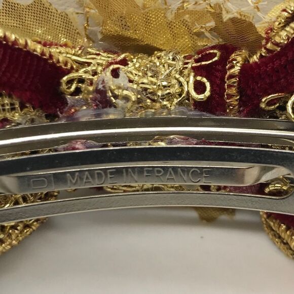 Velveteen Bow Barrette Gold Burgundy Vintage 1980s main image 11